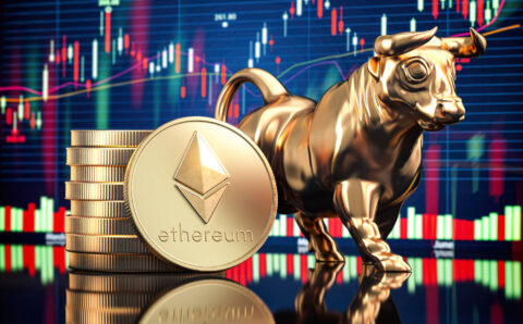 Ethereum coin with bull and stock chart. Bullish market of ETH. 3d illustration