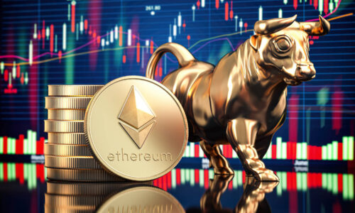 Ethereum coin with bull and stock chart. Bullish market of ETH. 3d illustration